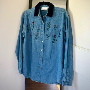 Vintage 90s Casey & Max Beaded Sequin Flowers Button-Front Denim Top